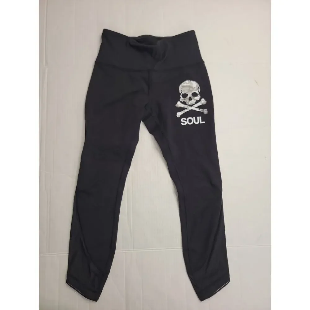 Lululemon Soul Cycle Crop Leggings Sz 8 Black Camo Capri Lace Trim